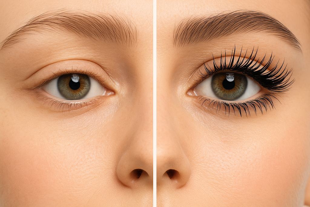 a before and after eye close up with using a volumizing black mascara